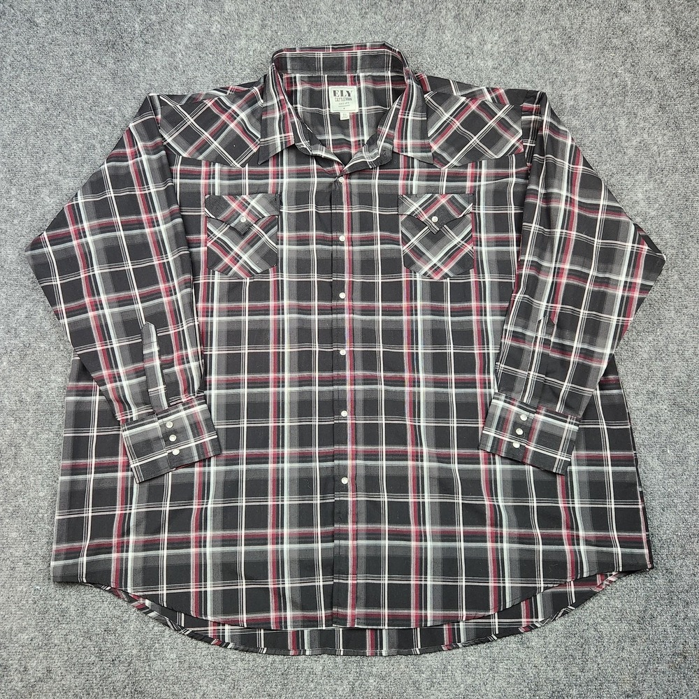 Ely Cattleman Shirt Mens 4XL Black Red Plaid Western Pearl Snap Long Sleeve